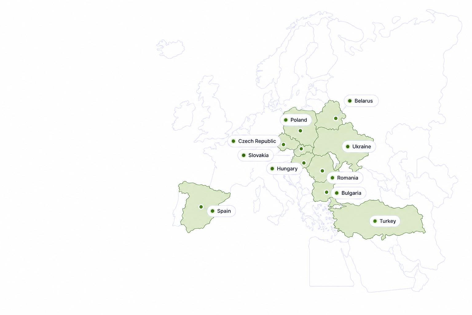 Map showing countries Optiveum sources IT experts from: Poland, Ukraine, Belarus, Czech Republic, Slovakia, Romania, Hungary, Spain, Bulgaria, Turkey