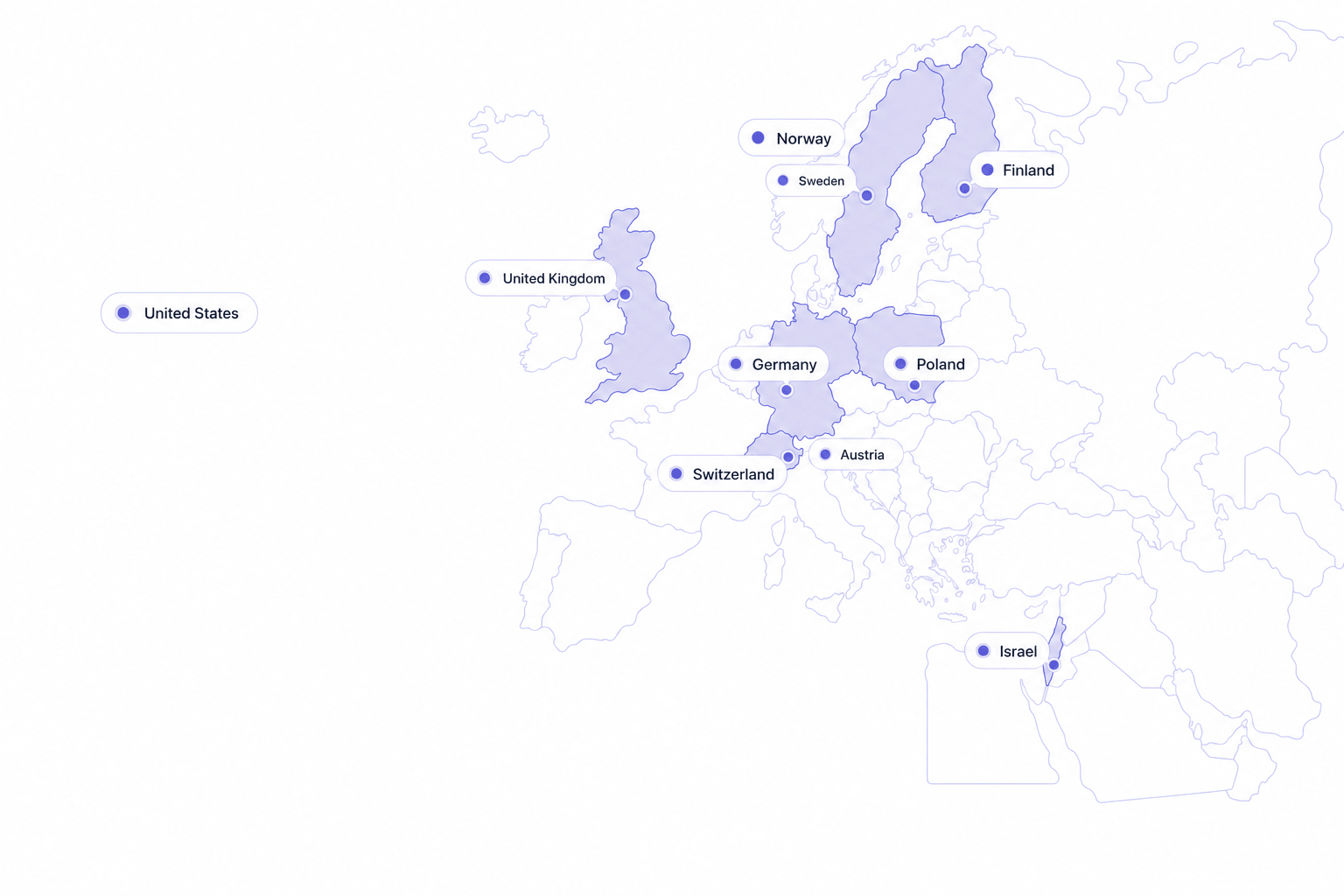 Map showing client countries: Poland, Sweden, Switzerland, Israel, United Kingdom, Finland, Norway, Germany, Austria, United States