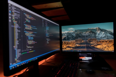 two screens showing the code and the landscape